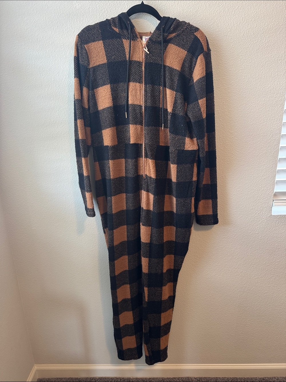 YITTY Black and Brown Buffalo Plaid Hooded Jumpsuit